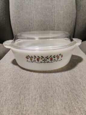 Vintage FireKing Casserole Dish Fruit Tree Milk Glass 1.5 QT With Lid